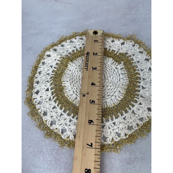 Vintage White & Gold Wire Handmade Round Crochet Dining Table Doily - Lot of 2‎ - Picture 9 of 10